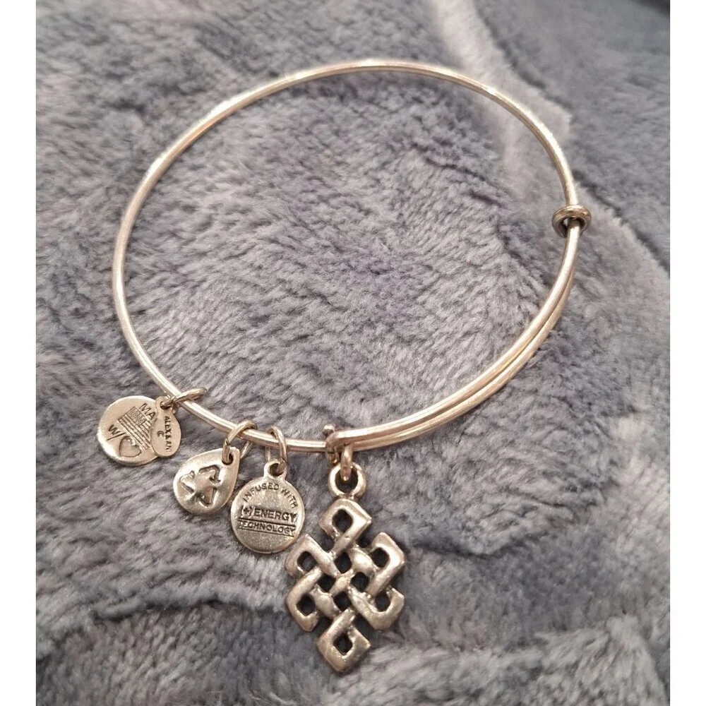 Alex And Ani Endless Knot Charm Expandable Wire Bangle Bracelet Silver Tone